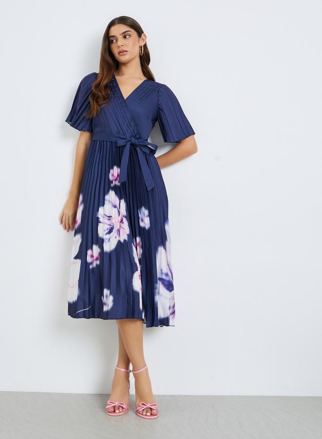 Women Navy Blue Floral Pleated Wrap Midi Dress